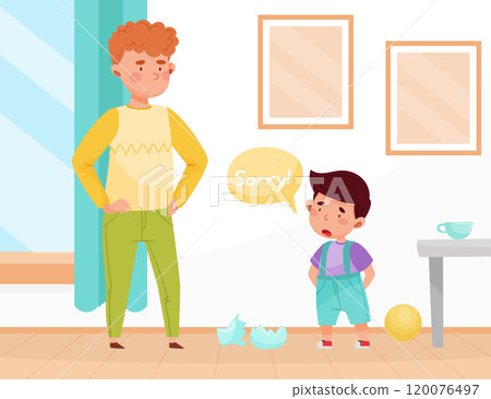 Polite Boy Character Say Sorry for Broken Vase Having Good Manners Vector Illustration Polite Boy Character Say Sorry for Broken Vase Having Good Manners Vector Illustration 120076497