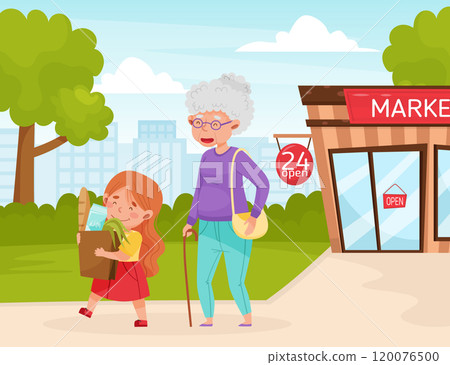 Polite Girl Character Carry Shopping Bag Help Senior Woman Having Good Manners Vector Illustration Polite Girl Character Carry Shopping Bag Help Senior Woman Having Good Manners Vector Illustration 120076500