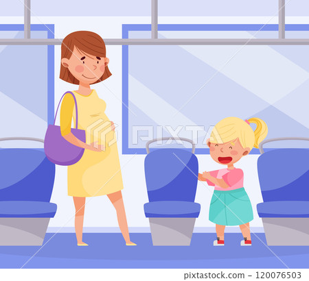 Polite Girl Character Yield Seat to Pregnant Woman Having Good Manners Vector Illustration Polite Girl Character Yield Seat to Pregnant Woman Having Good Manners Vector Illustration 120076503