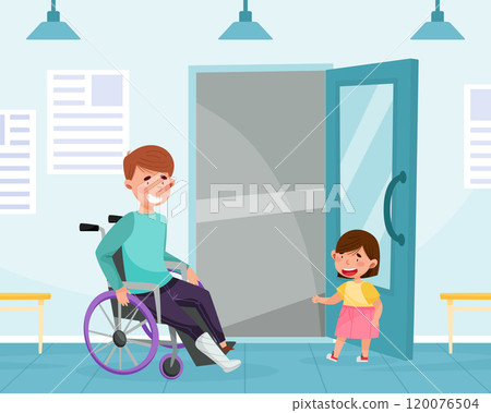 Polite Girl Character Open Door to Disabled Man Having Good Manners Vector Illustration 120076504