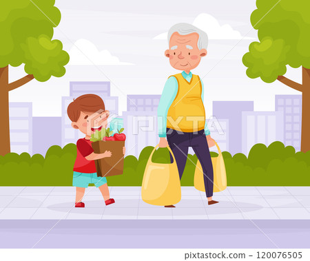 Polite Boy Character Carry Shopping Bag Help Senior Man Having Good Manners Vector Illustration Polite Boy Character Carry Shopping Bag Help Senior Man Having Good Manners Vector Illustration 120076505