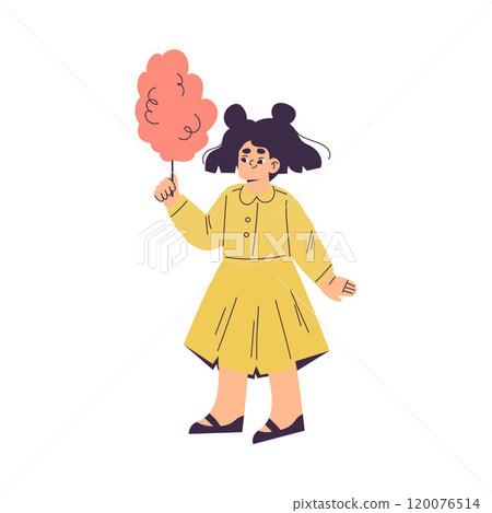 Cute Little Girl Character Standing with Candy Floss and Smiling Vector Illustration Cute Little Girl Character Standing with Candy Floss and Smiling Vector Illustration 120076514