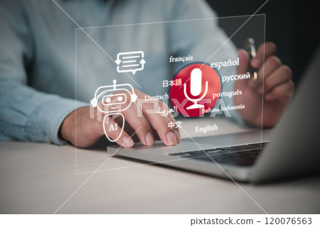 AI-powered chatbot interface with multilingual speech recognition icons. Ideal for software, communication tools, and technology projects. 120076563
