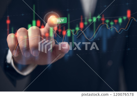 Business professional selecting "Buy" on a digital stock market interface. 120076578