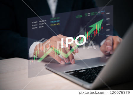 Business professional working on a laptop with an IPO (Initial Public Offering) digital graphic overlay. Suitable for finance, stock market, investment, and corporate growth visuals. 120076579