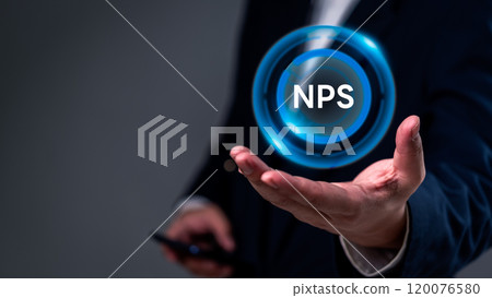 Business professional presenting NPS (Net Promoter Score) metric in a digital format. Ideal for customer experience, marketing analytics, and business performance evaluation content. 120076580