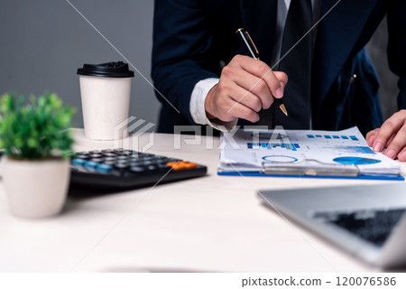 Professional analyzing financial charts and reports with a pen. Ideal for business analysis, financial planning, investment strategies, or corporate consulting visuals. 120076586