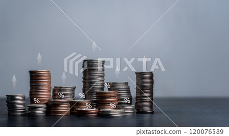 Stacks of coins with percentage signs and upward arrows. dividend Finance, banking and investment of growth and economic progress. Perfect for articles Stacks of coins with percentage signs and upward arrows. dividend Finance, banking and investment of growth and economic progress. Perfect for articles 120076589