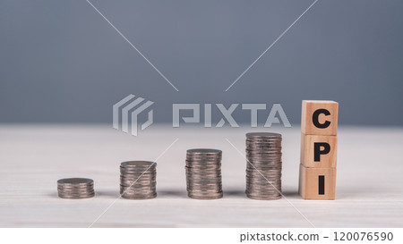 Stacks of coins and CPI blocks increasing in height. Concept of economic growth, inflation, and financial analysis. Suitable for economic reports, finance blogs, and investment 120076590