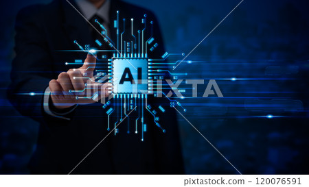 Businessman touching AI chip hologram. Futuristic tech concept, innovation, and advanced data processing. Ideal for technology, AI development, and business strategy visuals. Businessman touching AI chip hologram. Futuristic tech concept, innovation, and advanced data processing. Ideal for technology, AI development, and business strategy visuals. 120076591