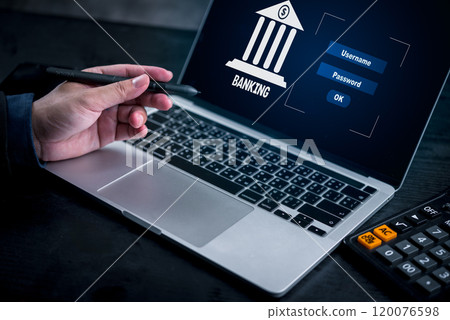Hand pointing at laptop screen displaying online banking login interface. Suitable for financial security, online banking, and cybersecurity topics. Hand pointing at laptop screen displaying online banking login interface. Suitable for financial security, online banking, and cybersecurity topics. 120076598