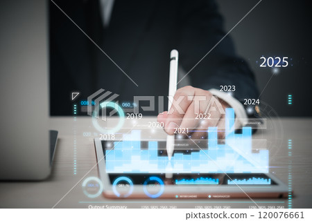 business professional analyzing a digital graph with a pen, highlighting data trends and future growth projections in a corporate environment. Finance, business analysis, 120076661