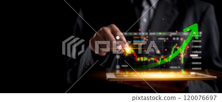 Businessman analyzing stock market data on a tablet, with a rising chart indicating financial growth. Ideal for finance blogs, trading platforms Businessman analyzing stock market data on a tablet, with a rising chart indicating financial growth. Ideal for finance blogs, trading platforms 120076697