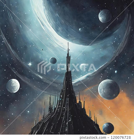 A landscape painting of a full moon shining in the night sky, a starry sky, the moon and the night sky 120076728