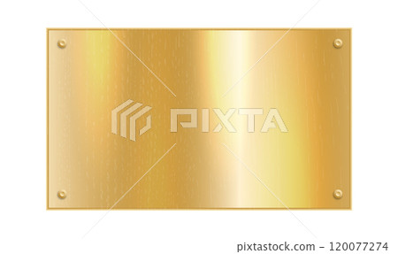 Gold plate. Metal plaque mockup. Golden frame. Vector brass rectangle. 120077274