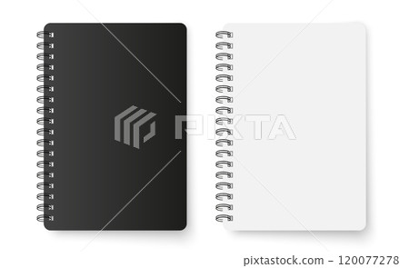 Blank black and white notebook mockup. Realistic vector spiral diary template 120077278
