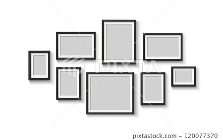 Black photo frames. Empty square and rectangular picture. Poster or painting mockup on white background Black photo frames. Empty square and rectangular picture. Poster or painting mockup on white background 120077370
