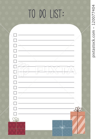 Holiday to-do list with gift boxes, minimalist vector design with note fields, planner and organizer Holiday to-do list with gift boxes, minimalist vector design with note fields, planner and organizer 120077404