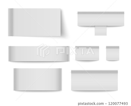 Realistic Woven Fabric Label and Tag Set, Vector Mockup for Clothing, Apparel, and Textile Design, Isolated Template 120077493