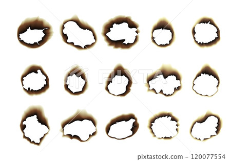 Burnt paper holes. Scraps edges scorched. Realistic vector illustration. Burnt paper holes. Scraps edges scorched. Realistic vector illustration. 120077554