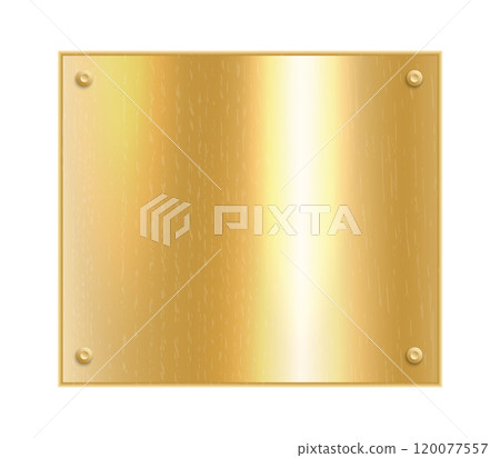 Gold plate. Metal plaque mockup. Golden frame. Vector brass rectangle. 120077557