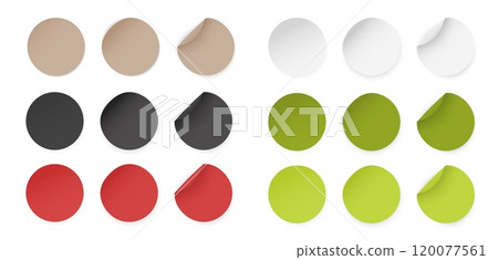 Round Paper Stickers with Peeling Corner, Red Green Black and White Adhesive Labels, Circular Badge Set, Isolated vector Mockup 120077561