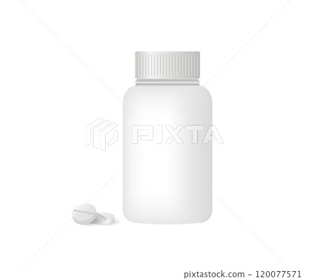 White Bottle Mockup with Pill, Isolated Pharmaceutical Container, Supplement Packaging Template for Medicine and Health Care Design 120077571