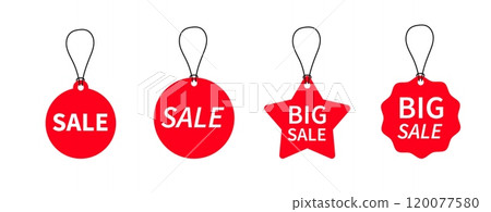 Red sale labels. Realistic price tags mockups. Vector hanging tag set Red sale labels. Realistic price tags mockups. Vector hanging tag set 120077580