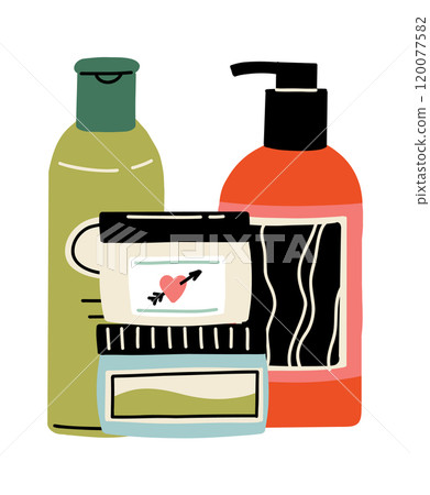 Beauty skincare product. Makeup cosmetic. Cleanser lotion lipstick jar. Vector skin care illustration 120077582