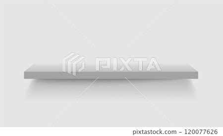 White realistic shelf. Empty 3D bookshelf. Front view. Vector mockup grocery rack 120077626