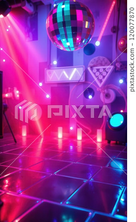 Vibrant retro-inspired disco dance floor with neon lights, colorful patterns, and disco balls Vibrant retro-inspired disco dance floor with neon lights, colorful patterns, and disco balls 120077870
