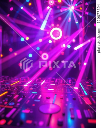 Vibrant retro-inspired disco dance floor with neon lights, colorful patterns, and disco balls 120077894