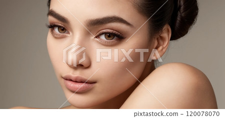 Elegant close-up portraits of a woman with soft lighting and neutral background Elegant close-up portraits of a woman with soft lighting and neutral background 120078070