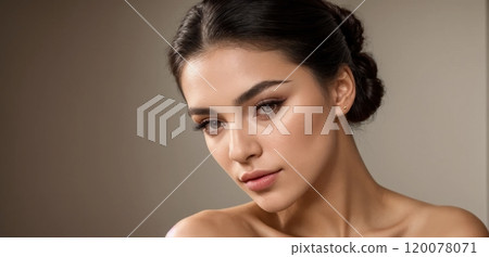 Elegant close-up portraits of a woman with soft lighting and neutral background 120078071