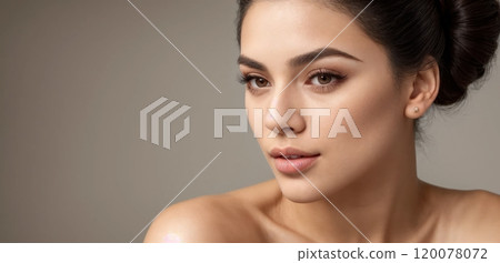 Elegant close-up portraits of a woman with soft lighting and neutral background Elegant close-up portraits of a woman with soft lighting and neutral background 120078072