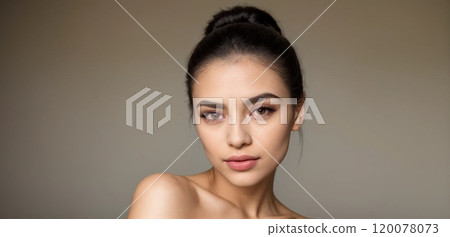 Elegant close-up portraits of a woman with soft lighting and neutral background 120078073