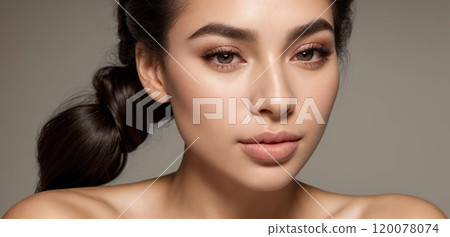 Elegant close-up portraits of a woman with soft lighting and neutral background 120078074