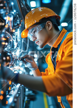 Young Asian engineer wearing orange safety gear, working with precision on intricate machinery 120078238