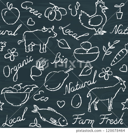 Seamless pattern with eco food symbols on chalkboard Seamless pattern with eco food symbols on chalkboard 120078464
