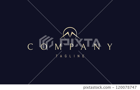 Vector golden logo with an abstract image of a flying bird against the backdrop of the sun. 120078747