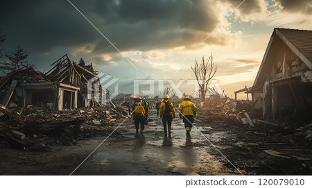 Rescue workers carry out rescue operations in a devastated residential area. 120079010