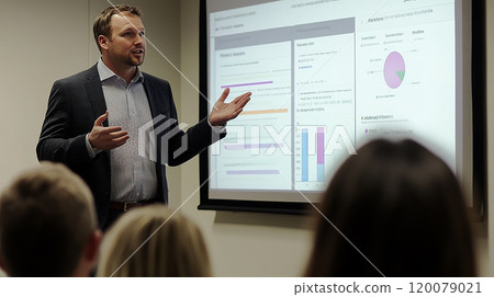 Businessman explaining at a presentation 120079021