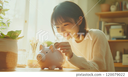 Young woman putting coins into a piggy bank to save 120079022