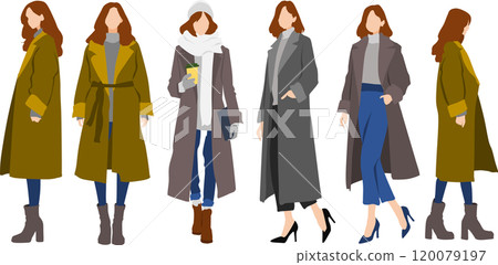 Illustration set of a woman wearing a coat Illustration set of a woman wearing a coat 120079197
