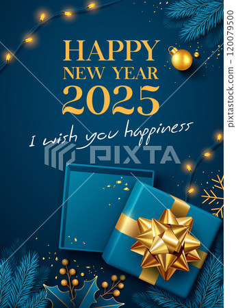 Happy new year 2025, open blue gift box gold ribbon, berry and blue pine leaf poster flyer design 120079500