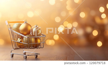 small shopping cart filled with golden Christmas ornaments sits on wooden surface, with warm, glowing bokeh background 120079718