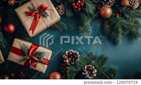 Festive Christmas scene with wrapped gifts and pine branches, creating joyful holiday atmosphere Festive Christmas scene with wrapped gifts and pine branches, creating joyful holiday atmosphere 120079719