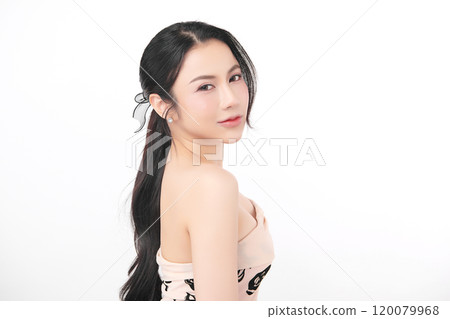 Beautiful young asian woman with clean fresh skin on white background, Face care, Facial treatment, Cosmetology, beauty and spa, Asian women portrait. Beautiful young asian woman with clean fresh skin on white background, Face care, Facial treatment, Cosmetology, beauty and spa, Asian women portrait. 120079968
