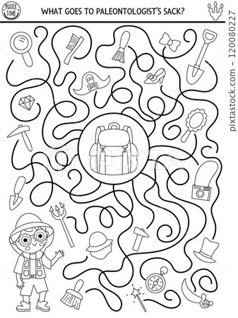 Dinosaur black and white maze for kids with cute paleontologists and his sack. Prehistoric preschool printable line activity with archeologist boy, tools. Dino labyrinth game, coloring page 120080227