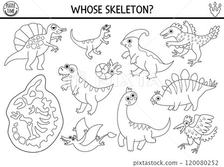 Dinosaur black and white matching activity with cute animals and triceratops skeleton. Prehistoric line puzzle with T-rex. Match and circle the bones game. Dino printable worksheet, coloring page Dinosaur black and white matching activity with cute animals and triceratops skeleton. Prehistoric line puzzle with T-rex. Match and circle the bones game. Dino printable worksheet, coloring page 120080252